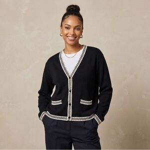 Retro Checkerboard Trim Black Cardigan Cotton Rayon